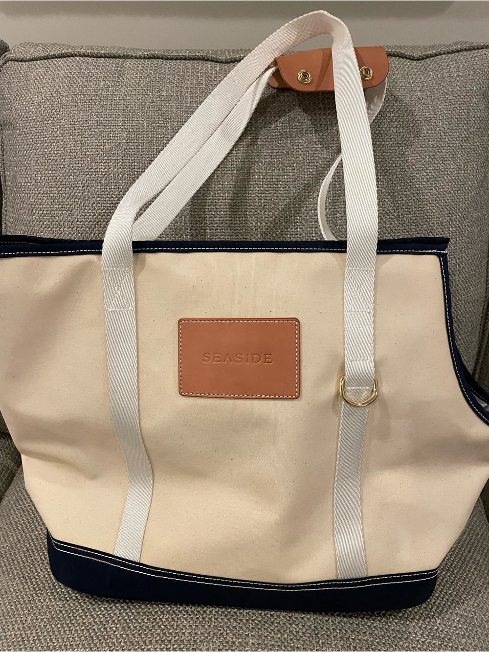 Seaside Canvas Tote in Cream and Navy with Tan Accent